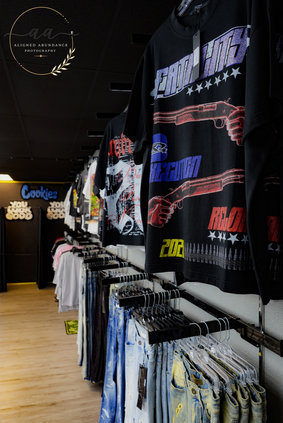 Merchandise wall inside Kurvy and Dope